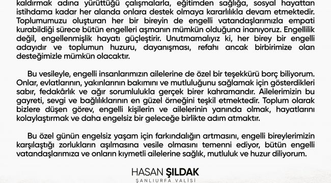 Vali Hasan Şıldak'ın 3 Aralık Dünya Engelliler Günü Mesajı